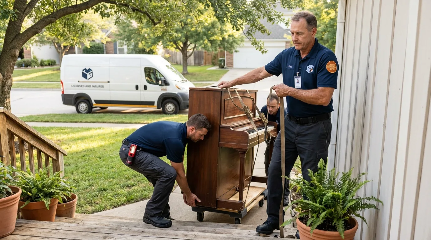 Licensed piano movers securing grand piano in Clymer, NY