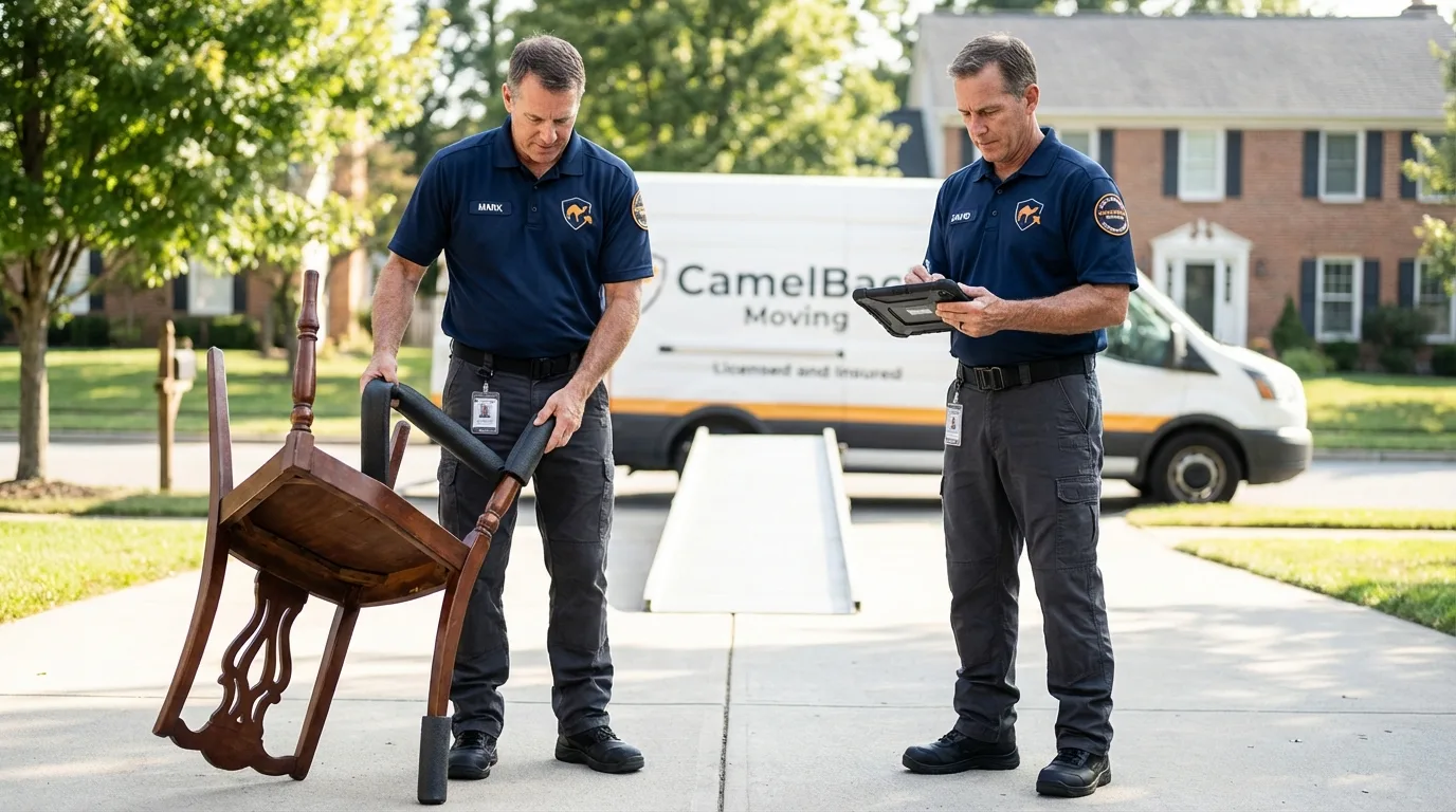 Movers inspecting furniture for damage prevention before loading in Clymer, NY