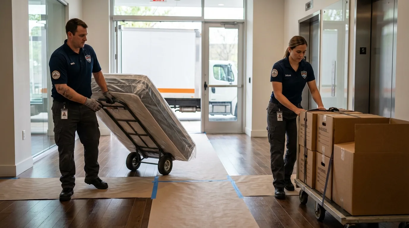 Professional apartment movers loading elevator in Clymer, NY