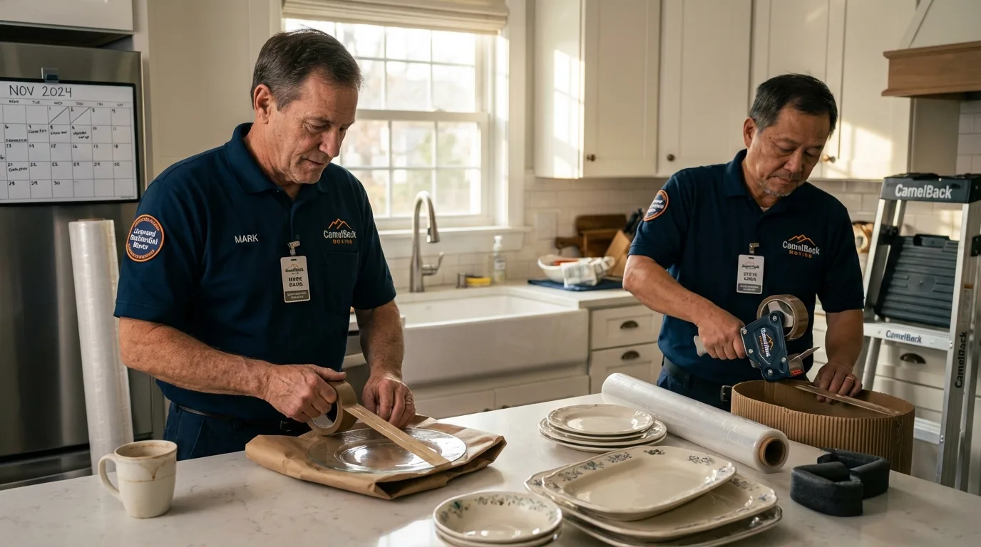 Professional crew packing kitchen dishware in Clymer, NY